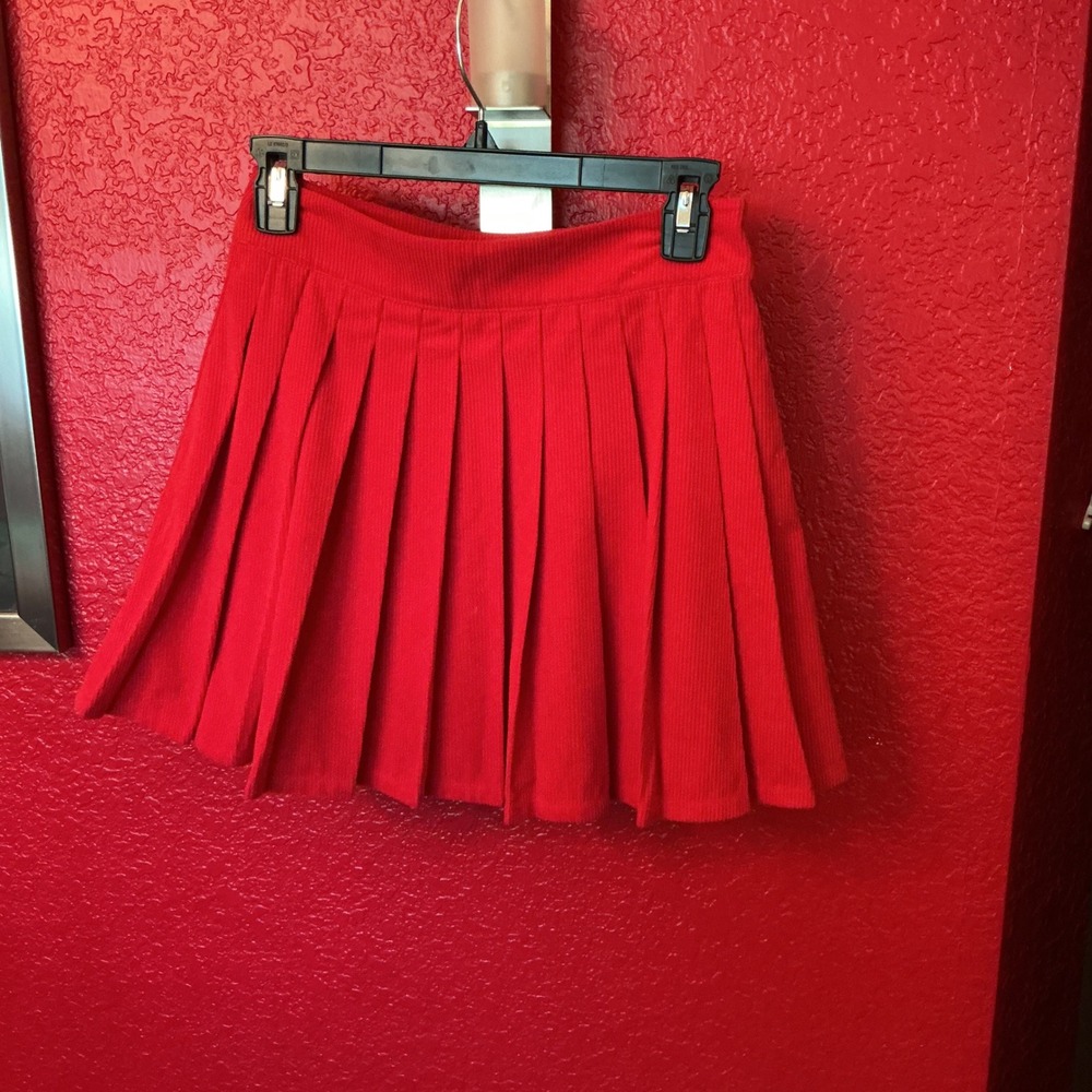 Rareraw Red Pleated Mini Skirt Ribbed Corduroy Style Knife Pleats Preppy